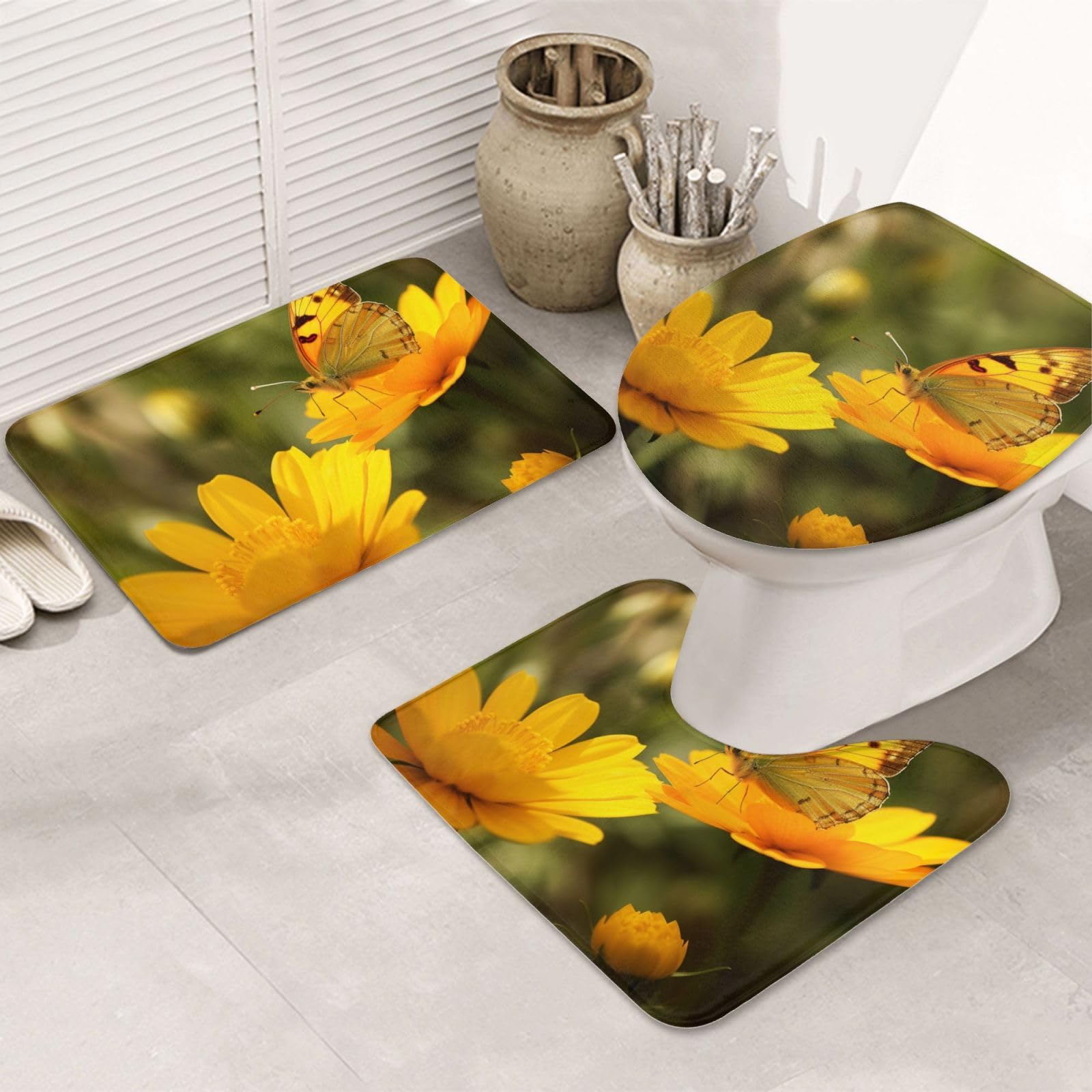 Tapis de bain antidérapants pour sol glissant ensemble 3 pièces flanelle jaune fleurs