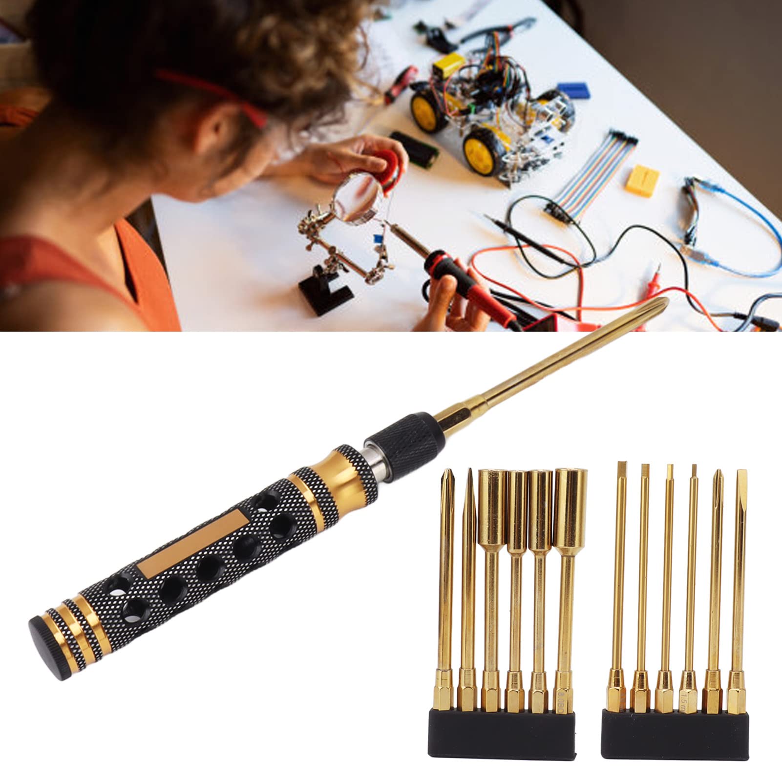 Qcwwy Juego de Destornilladores Profesionales, Kit de Herramientas de Reparación de Precisión 12 en 1 con Ergonómico de Aluminio para el Montaje y Mantenimiento de Drones RC