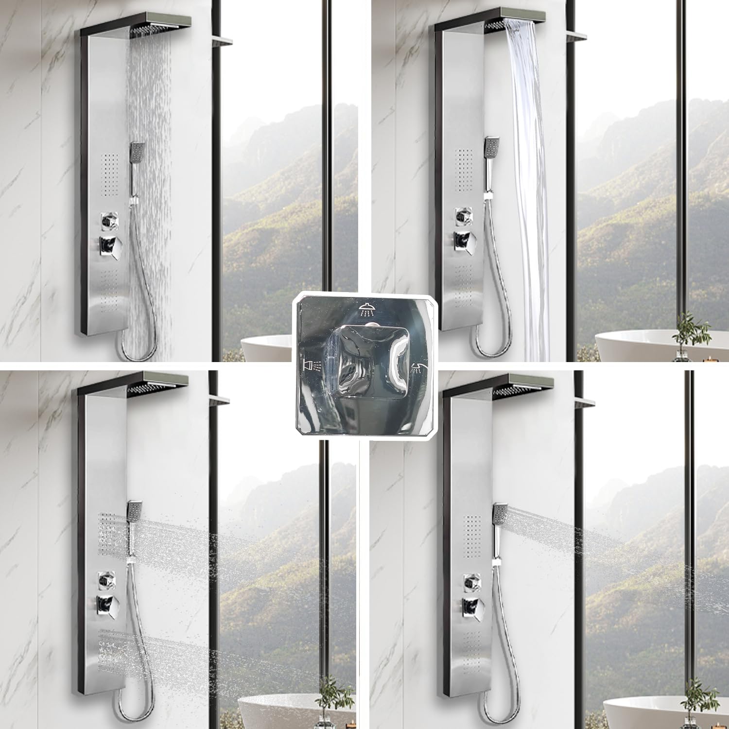 Pannello Doccia angolare in Acciaio Inox - Soffione Doccia a Pioggia e a Cascata a 4 funzioni, Set Completo di Accessori per Doccia per Installazione angolare