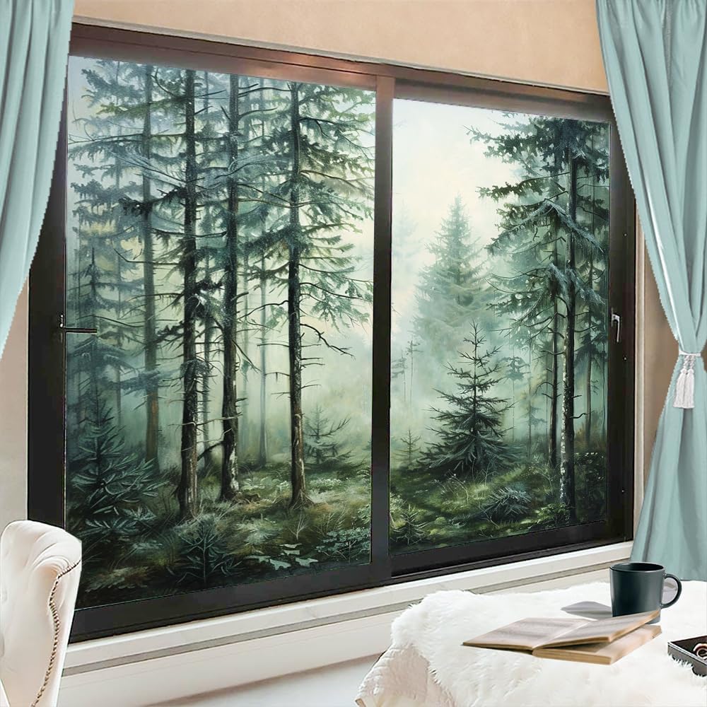 Vintage Forest Frosted Window Privacy Film, Misty Trees Nature Landscape Rustic House Window Film Adhesive Glass Coverings for Bathroom Home Decorative 17.7Wx23.6L-inch x2 Pcs