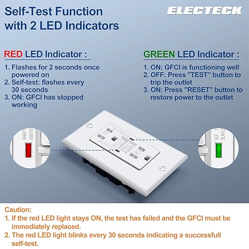 Vista 4 de ELECTECK Paquete de 5 salidas GFCI de 15 amperios, resistentes a manipulaciones (TR), receptáculos GFI de autoprueba con indicador LED, interruptor