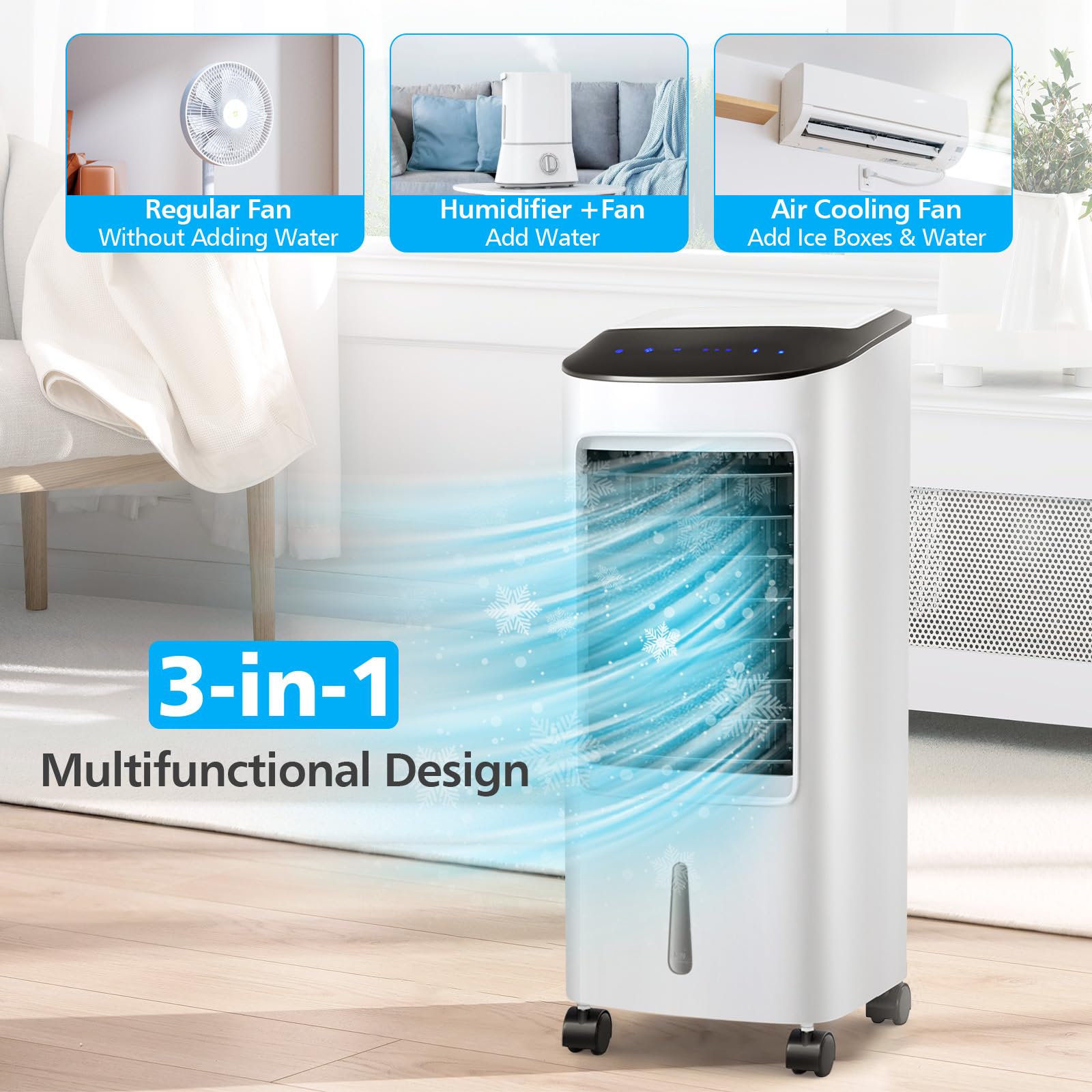 SOARS Ventilateur Rafraichisseur d'Air 65W, 3 en 1 Refroidisseur d'Air, Ventilateur, Humidificateur, 3 Vitesses, Minuterie 7,5H, Réservoir d'Eau 7L, Télécommande, pour Chambre, Salon, Bureau