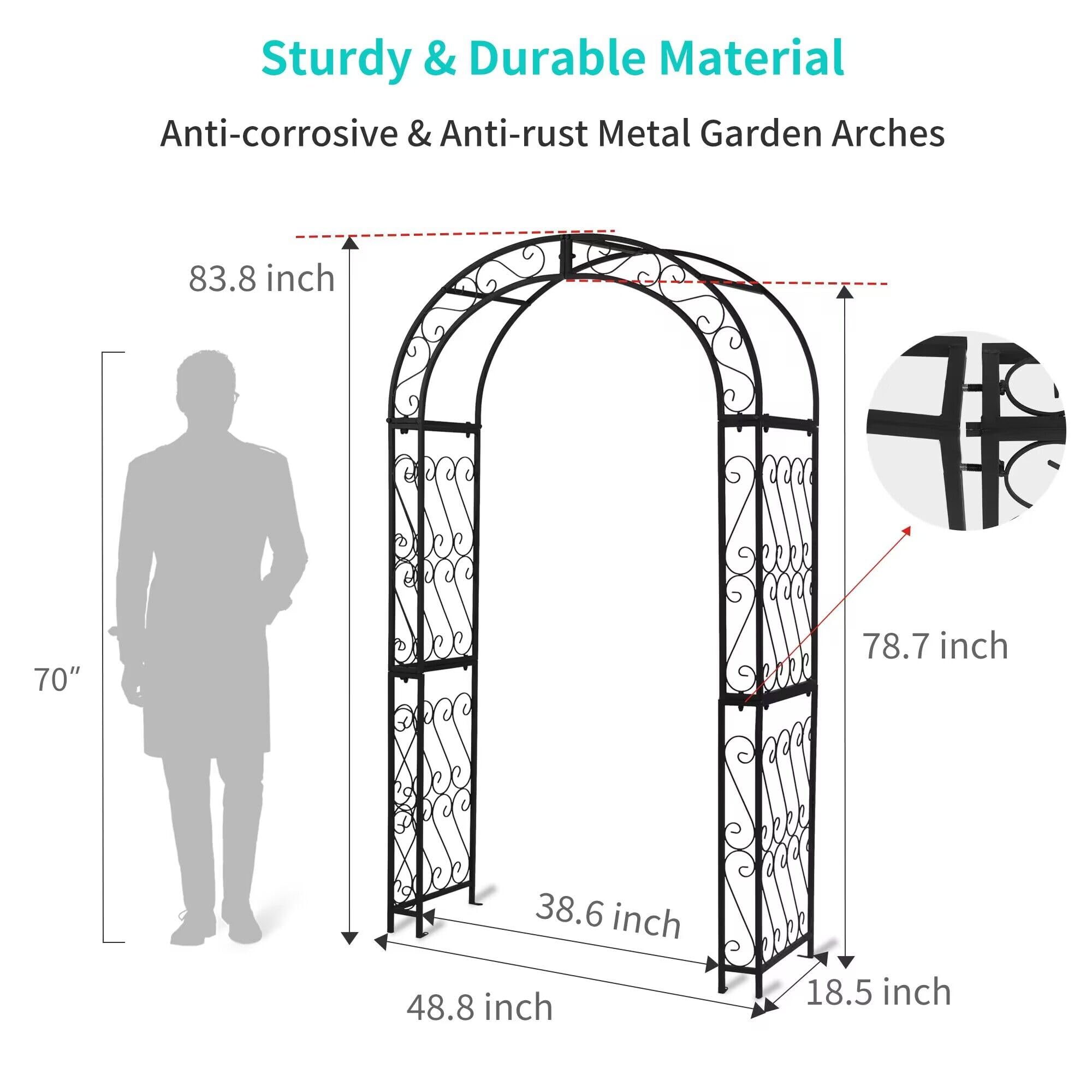 124 cm x 47cm x 212 cm Gartenbogen, Schwarzer robuster Metall-Eisen-Bogen, Innenhof-Gussgitter für Verschiedene Kletterpflanzen, Outdoor-europäischer Torbogen für Hochzeitszeremonie