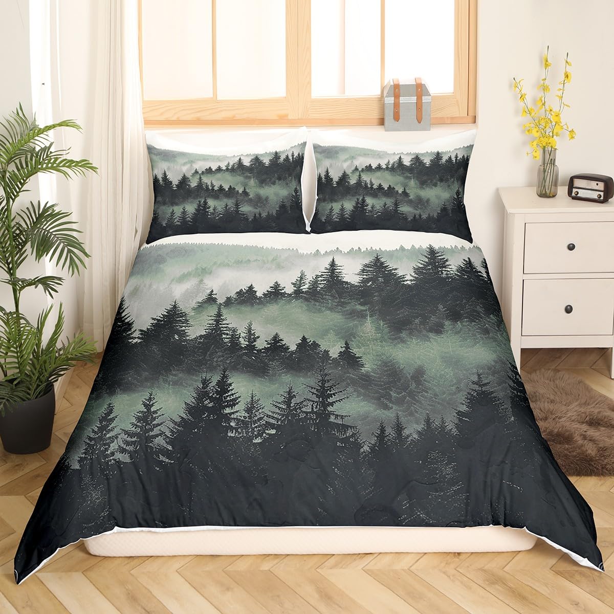 richhome Smoky Mountain Bedding Set for Adults Trees Natural Scenery Art Comforter Cover Set Nature Lover Gift Room Decorative Duvet Cover Foggy Scenic Bedspread Cover Single Size 2Pcs Bedclothes - Image 4