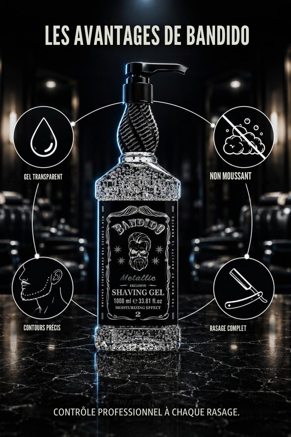 Bandido Shaving Gel Men Metallic Silver 1000ml - gel à raser transparent rasage homme non moussant rasage précis des contours de la barbe