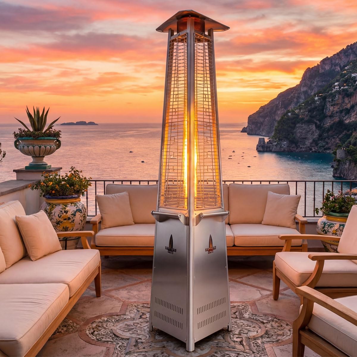 Lava 2G A-LINE 8 ft. Remote Control 66000 BTU Portable Pyramid Patio Heater, 4 inches Glass Tube, Triple Protection System, Electronic Ignition, 36 Sq. Ft. Heat Range (Propane, Stainless Steel)
