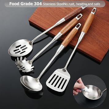 Cooking Utensil Set,304 Stainless Steel Kitchen Utensils with Wood Handle, 4 Pieces Kitchen Stainless Steel Cookware Set Utensils - Slotted Spatula, Pasta, Spoon, Soup Ladle Set
