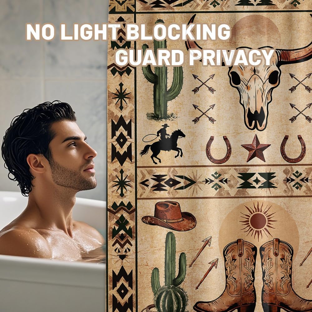 Western Aztec Shower Curtain Bull Skull Cowboy Cactus Vintage Country Bathroom Decor, Waterproof Cloth Fabric with Hooks 70" W x 84" L