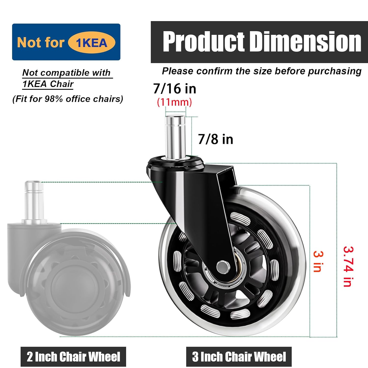 Office Chair Wheels Replacement Heavy Duty Rubber Desk Chair Casters Safe for Hardwood Floors, Carpet & Tile, Quiet Roller Blade Style Chair Casters, Universal Fit/Not for 1KEA-10 Packs