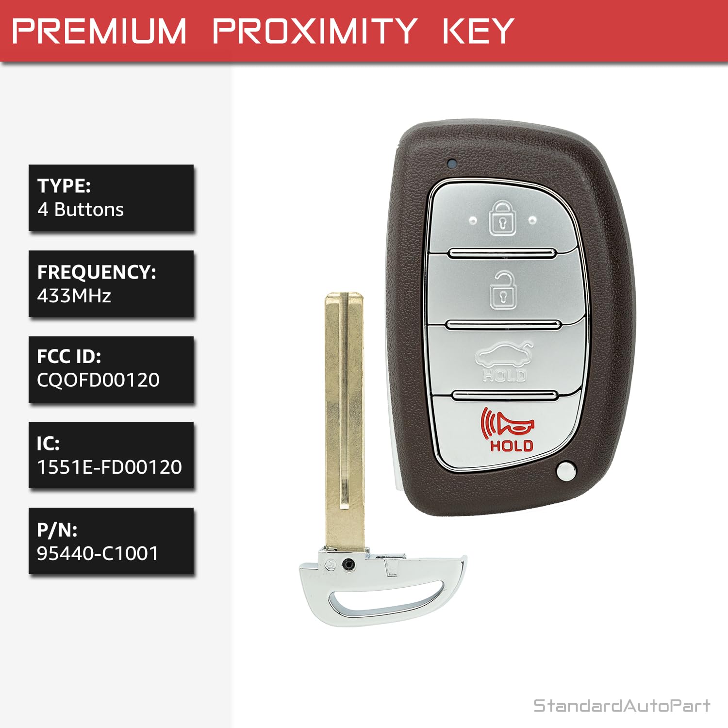 StandardAutoPart Telecomando Smart Key a 4 pulsanti compatibile con Hyundai Sonata 2015 2016 2017 95440-C1001 95440-C1000 CQOFD00120 [433 MHz]