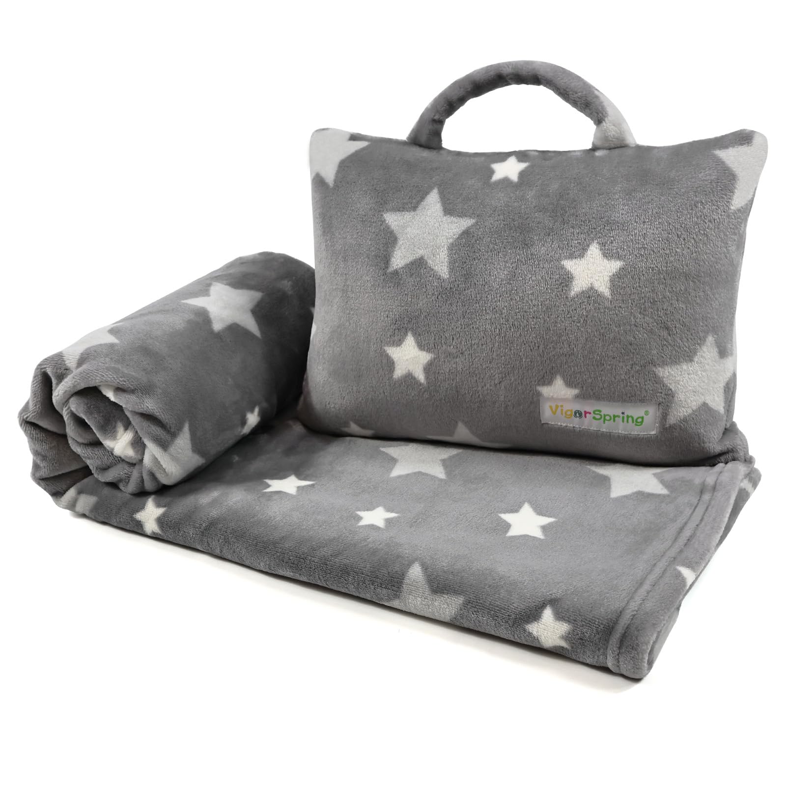 VigorSpring 3-in-1 Kids Travel Pillow and Blanket Set - 40x60 Inches Soft Grey Star Design | Travel Blanket Airplane Compact with Bag | Ideal for Travel, Camping, Car Rides & Home Decor-image-35