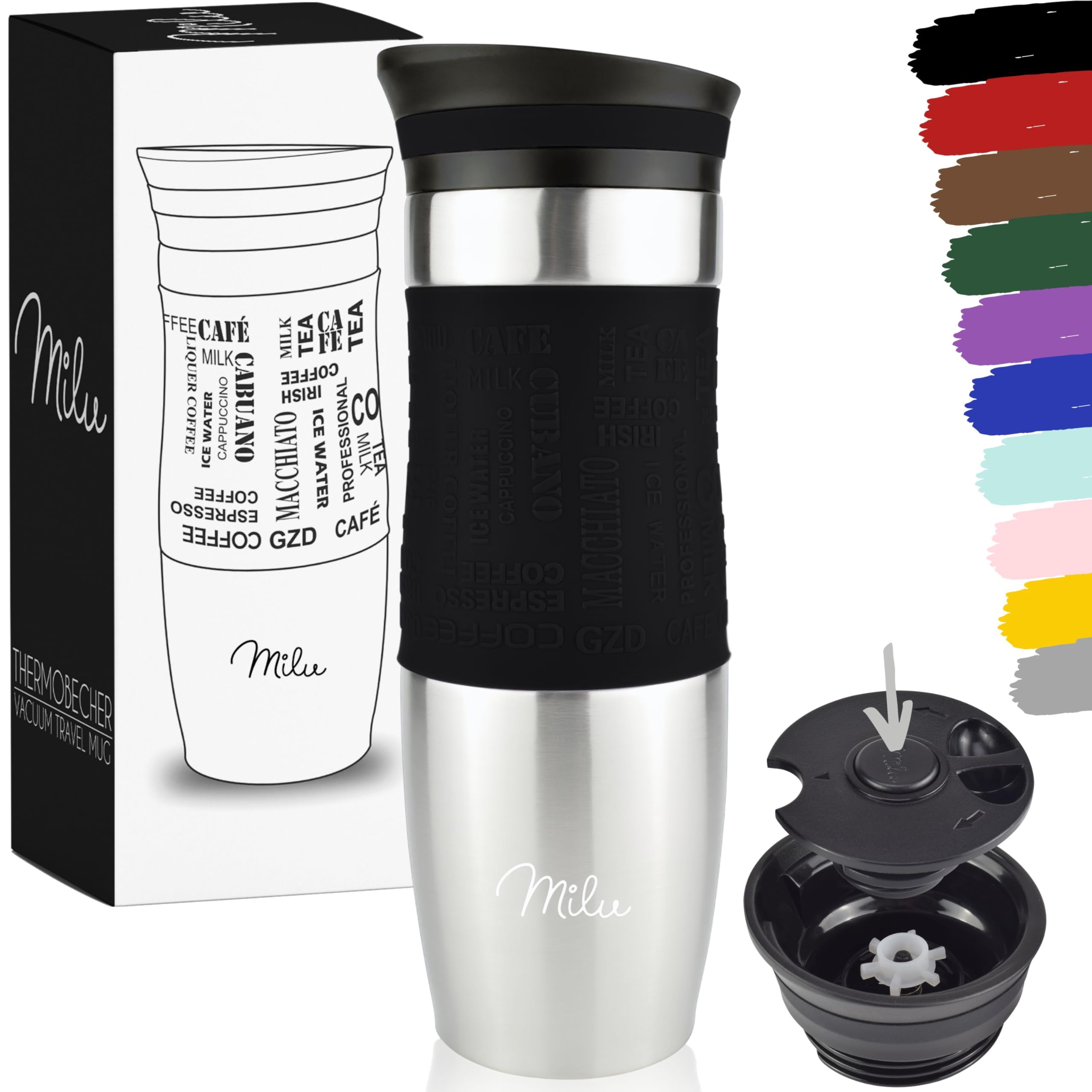 Milu Travel Mug 370ml 450ml, Insulated Coffee Cup to go, 100% Leak Proof, Stainless Steel Drinking Mug