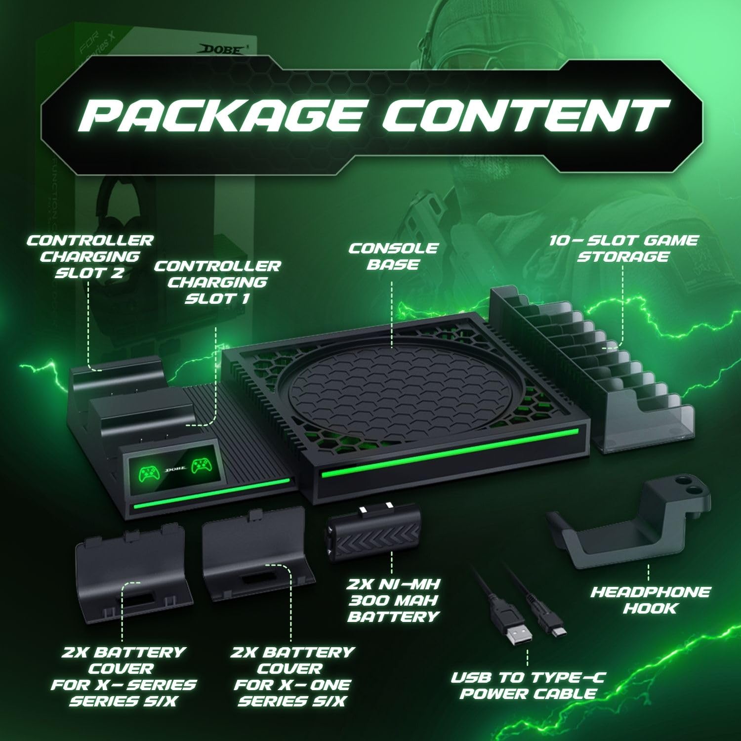 TNP Support vertical pour Xbox Series X – Station de charge pour manette avec 2 batteries rechargeables de 300 mAh pour manette Xbox Series X – 10 emplacements de rangement de jeux et crochet pour