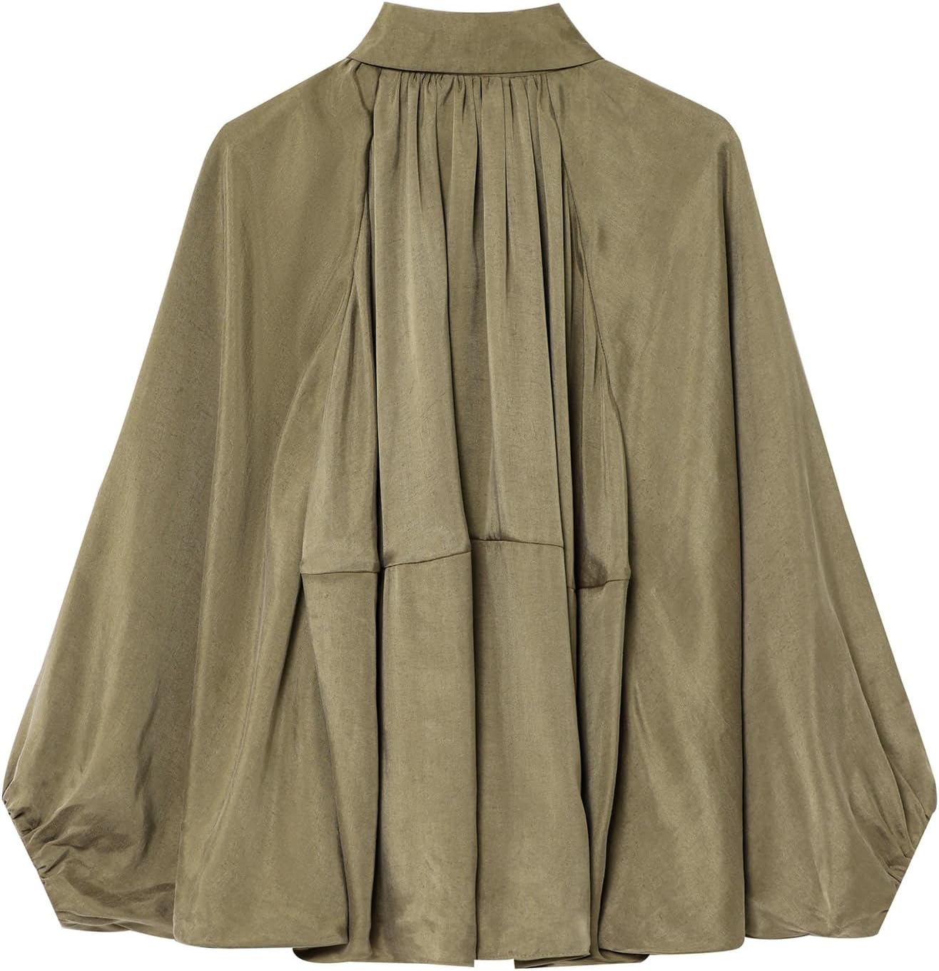 Womens Puffed Bomber Jacket Casual Batwing Sleeve Lapel Collar Zip Shirts Oversized Pleated Streetwear Jackets - Image 5