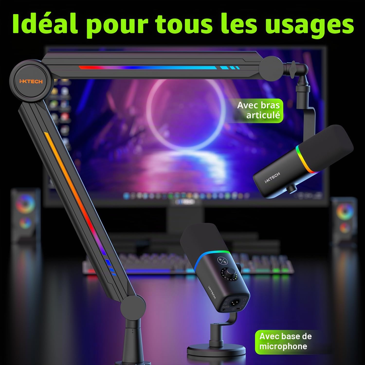 IXTECH Microphone USB de jeu pour PC, microphone à condensateur d'annulation de bruit pour podcasts et streaming vidéo avec trépied, filtre anti-pop, support antichoc, contrôle du gain, lumières RVB,