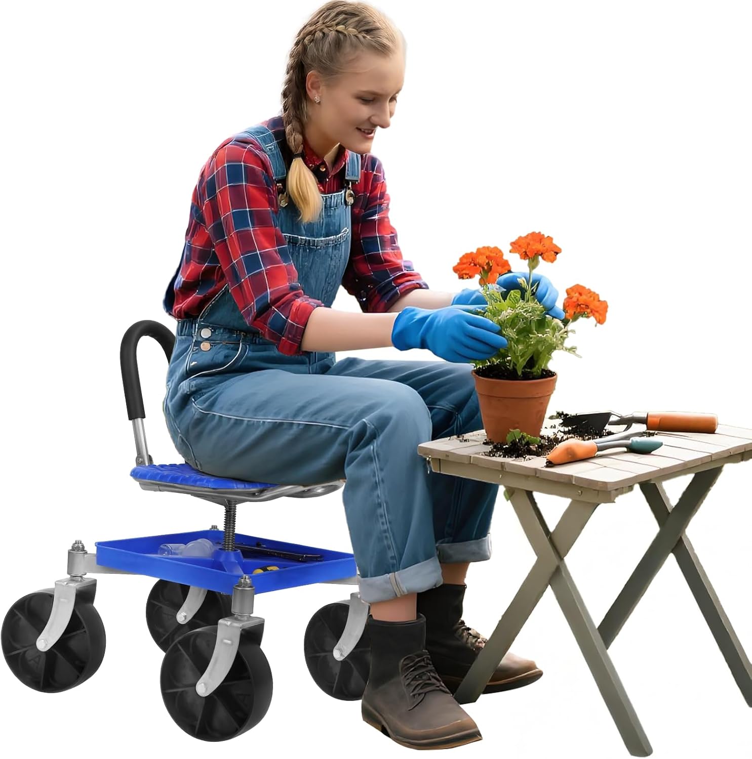 Rolling Garden Work Seat with Wheels | Stable Workseat Sturdy Carts Adjustable Seat Height and Direction with Tool Tray | Garden Chair for Outdoor, Patio and Yard, Blue Blue