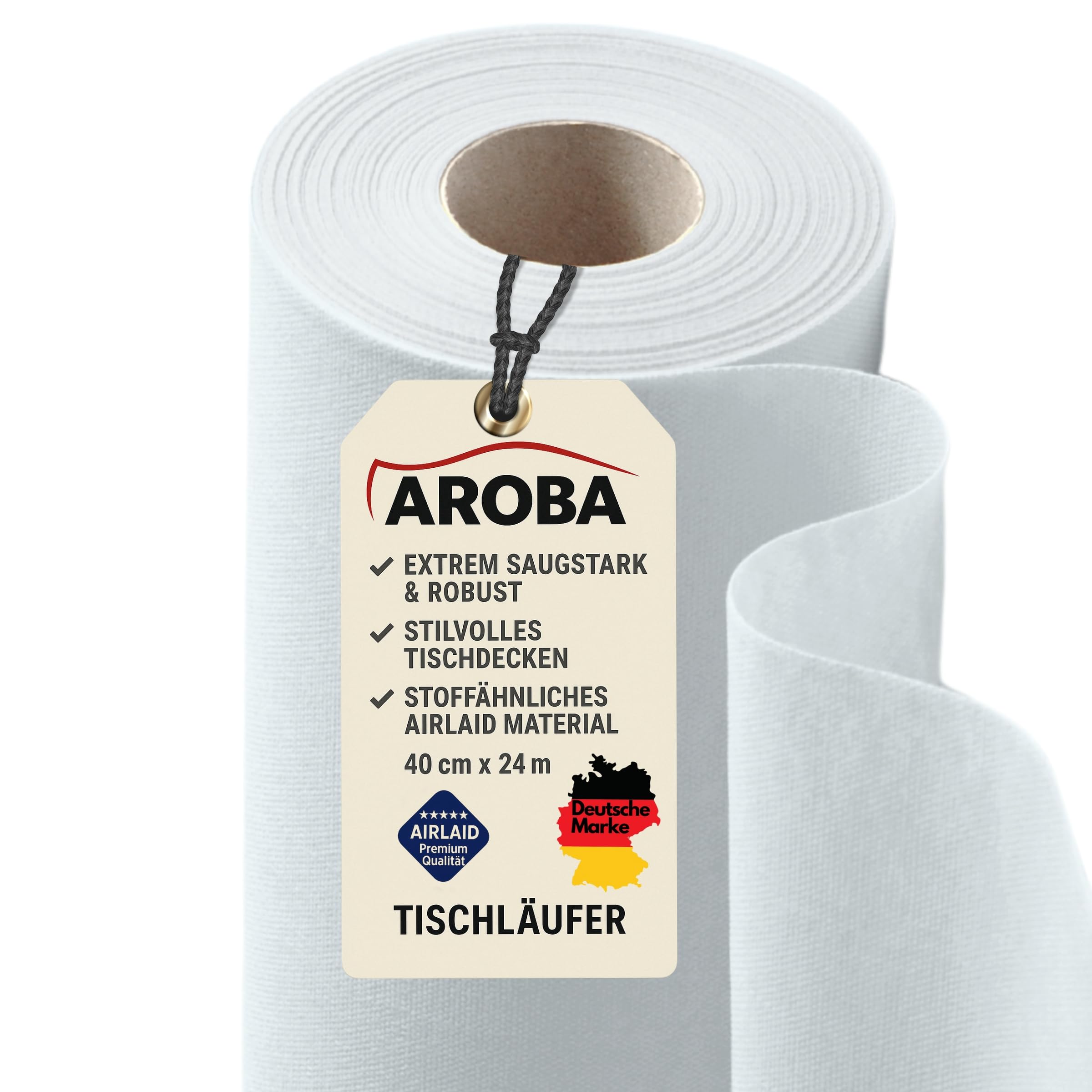 AROBA Airlaid Camino de mesa (6 unidades, 40 cm x 24 m), color blanco, 40 cm x 24 m, camino de mesa similar a la tela, decoración de mesa para hoteles, catering, cumpleaños, restaurantes, comuniones,