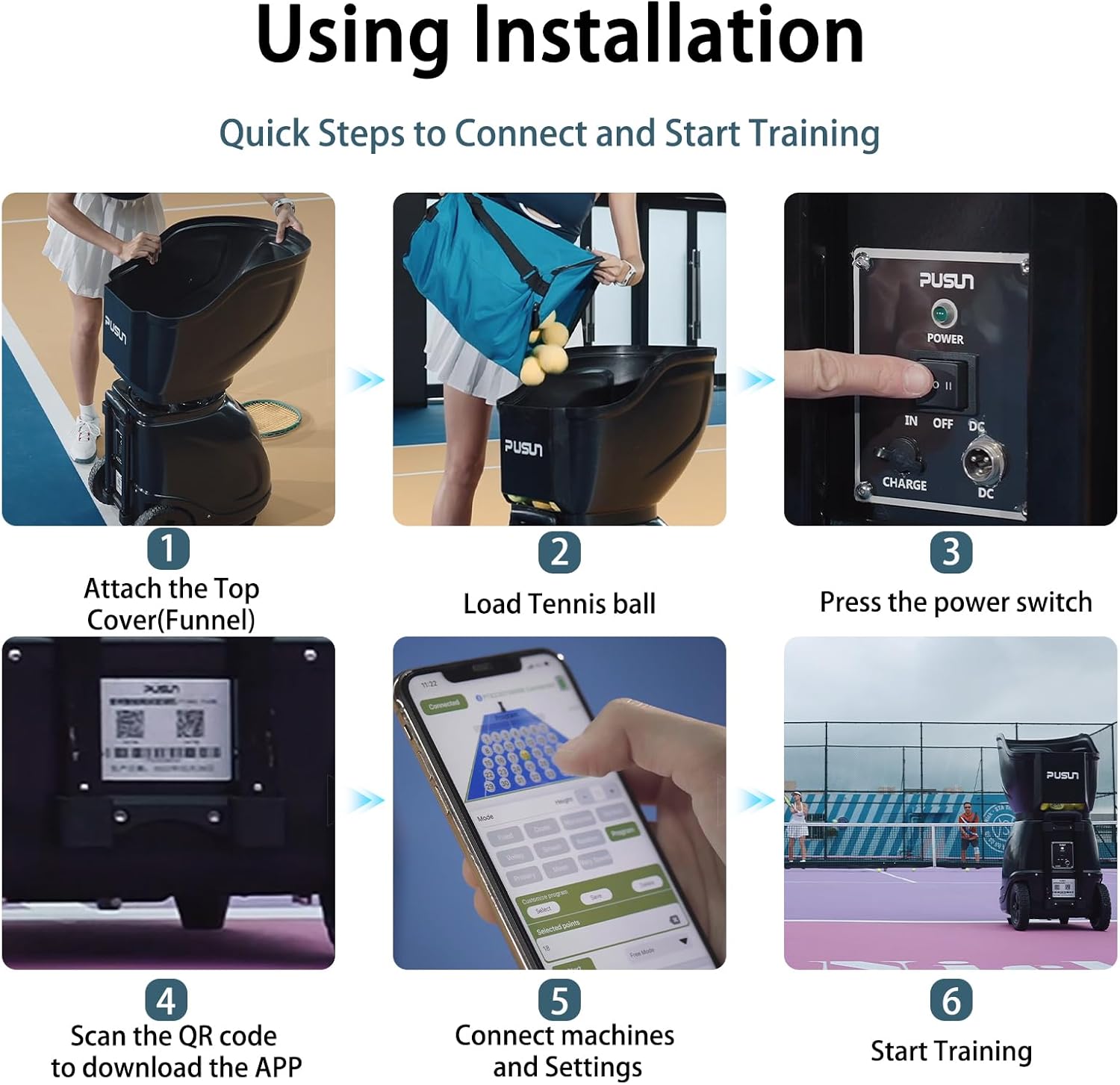 Six-step visual guide for setting up the PUSUN PT 9001 Padel Ball Machine