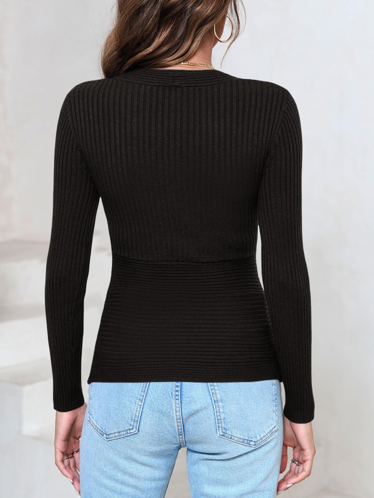 Wenrine Damska koszulka z długim rękawem, dekolt w serek, owijana, seksowny sweter slim fit, prążkowane topy