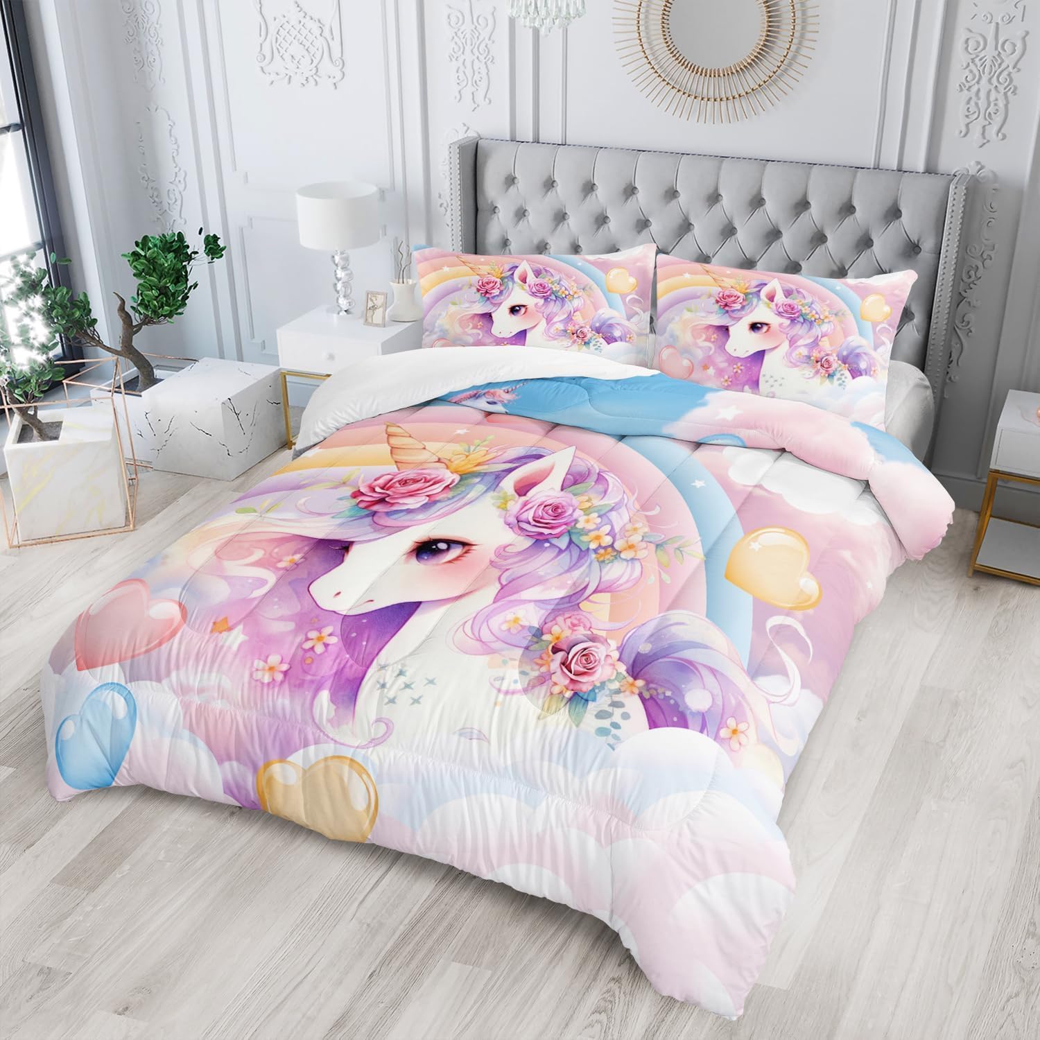 Kawaii Rainbow Unicorn Comforter Set King for Girls Kids,Cute Cartoon Unicorn 3 Pieces Bedding Sets for Girls Room Decor,Kawaii Down Alternative Comforter Set for All Season