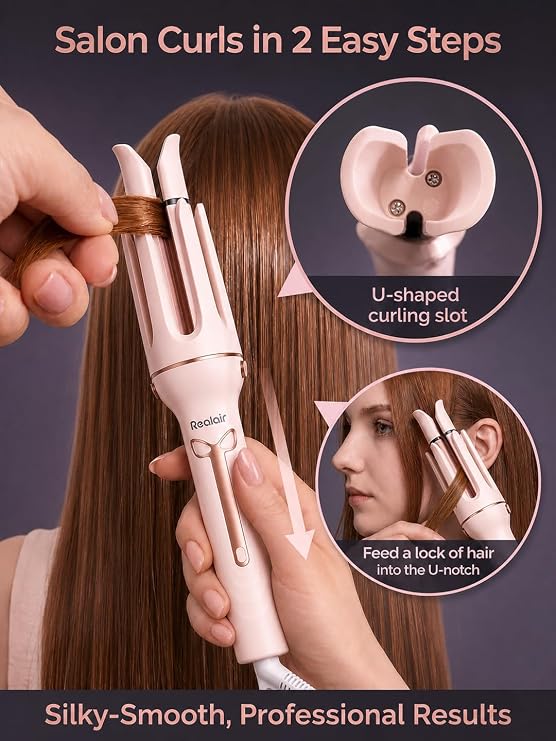 Auto Hair Curler, 3-in-1 Automatic Curling Iron Set with 1 & 1.25 Ceramic Rotating Barrels and Heated Brush Attachment, Anti-Tangle, Anti-Scald, Auto Shut-Off, Dual Voltage