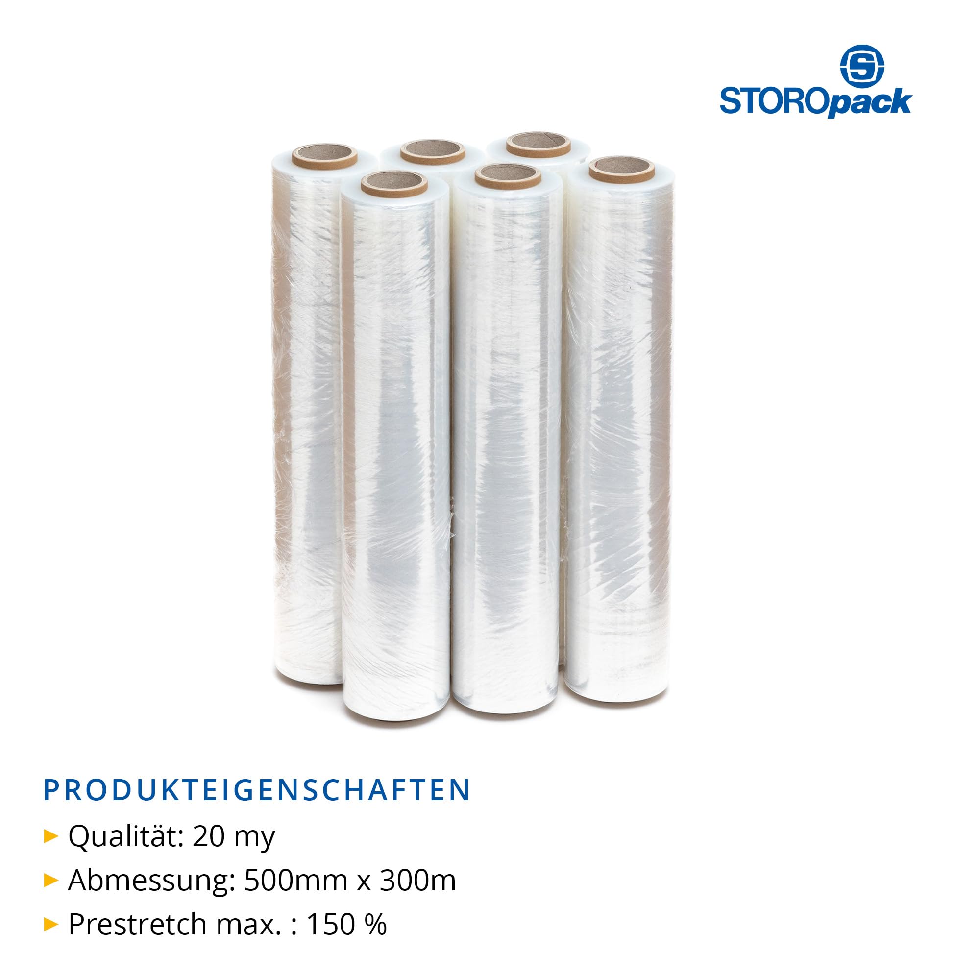 Storopack Lot de 6 rouleaux de film étirable à la main Transparent 500 mm x 300 m 20 microns