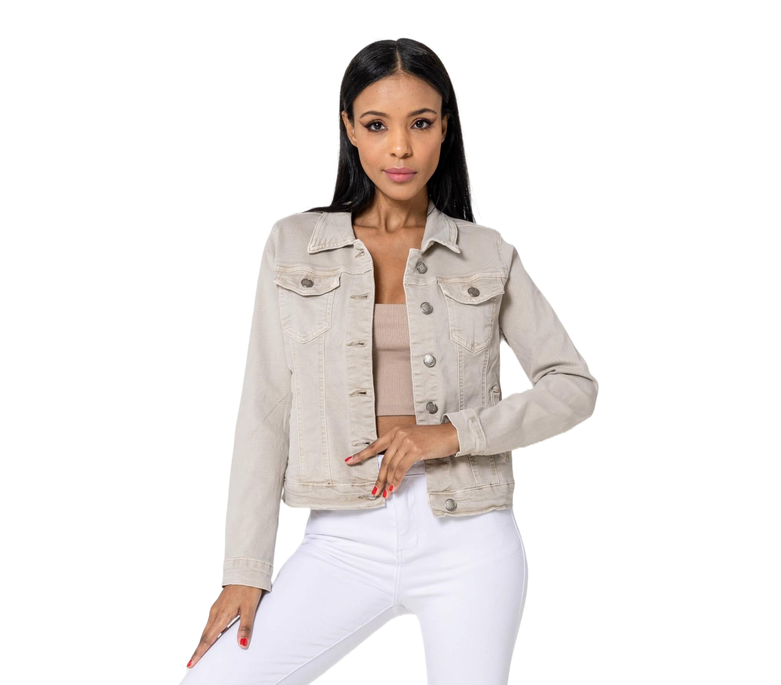 Nina Carter J212 Damska kurtka dżinsowa Slim-Fit – kolorowa kurtka przejściowa z kołnierzem Kent i kieszeniami – kurtka na wiosnę i lato, rozciągliwa