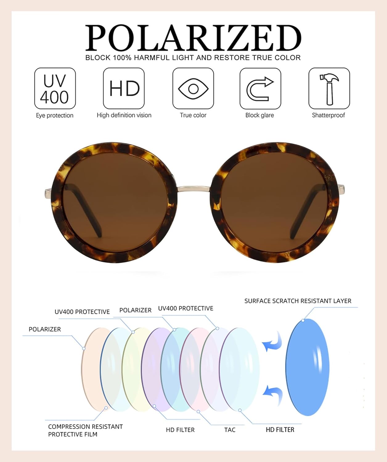 JOOX Polarized Retro Round Sunglasses for Women, Vintage Oversized Ladies Sun Glasses with 100% UV Protection Lens - Image 6