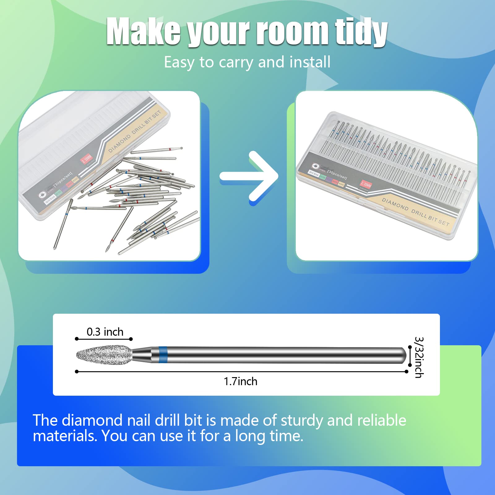30Pcs Diamond Nail Drill Bits Set, Rolokit 3/32 Inch Cuticle Bit for Nail Drill, Puntas para Drill Nails Manicure Pedicure Remover Tools for Acrylic Gel Nails, Salon Home Nail Care 4
