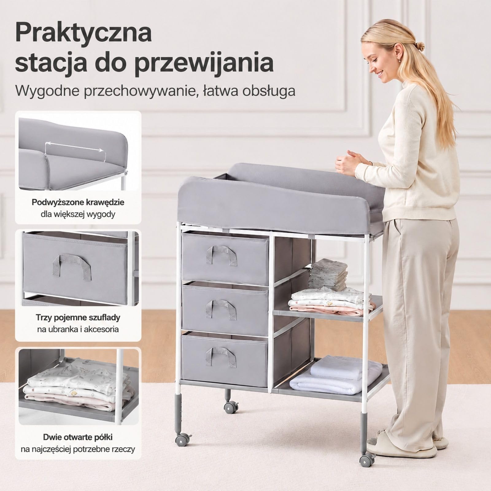 Przenośny przewijak z 3 szufladami, kółkami i regulowaną wysokością do użytku domowego
