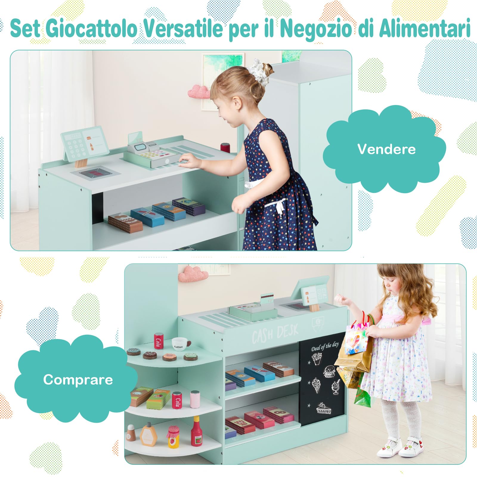 COSTWAY Negozio Alimentare per Bambini, Set di Giocattoli Supermercato in Legno con Cassa, Macchina POS, Distributore Automatico, Lavagna Scrivibile, per Bambini 3-8 Anni (Verde)