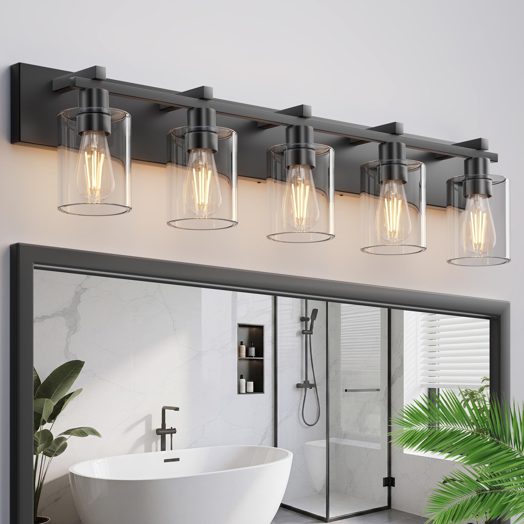 5-Light 37inch Matte Black Vanity Light, Thickened Clear Glass | Over Mirror for Bathroom, Rust Resistant, E26 Base, Easy Install, Removable Glass Shade Horizontal Mount, Dimmable