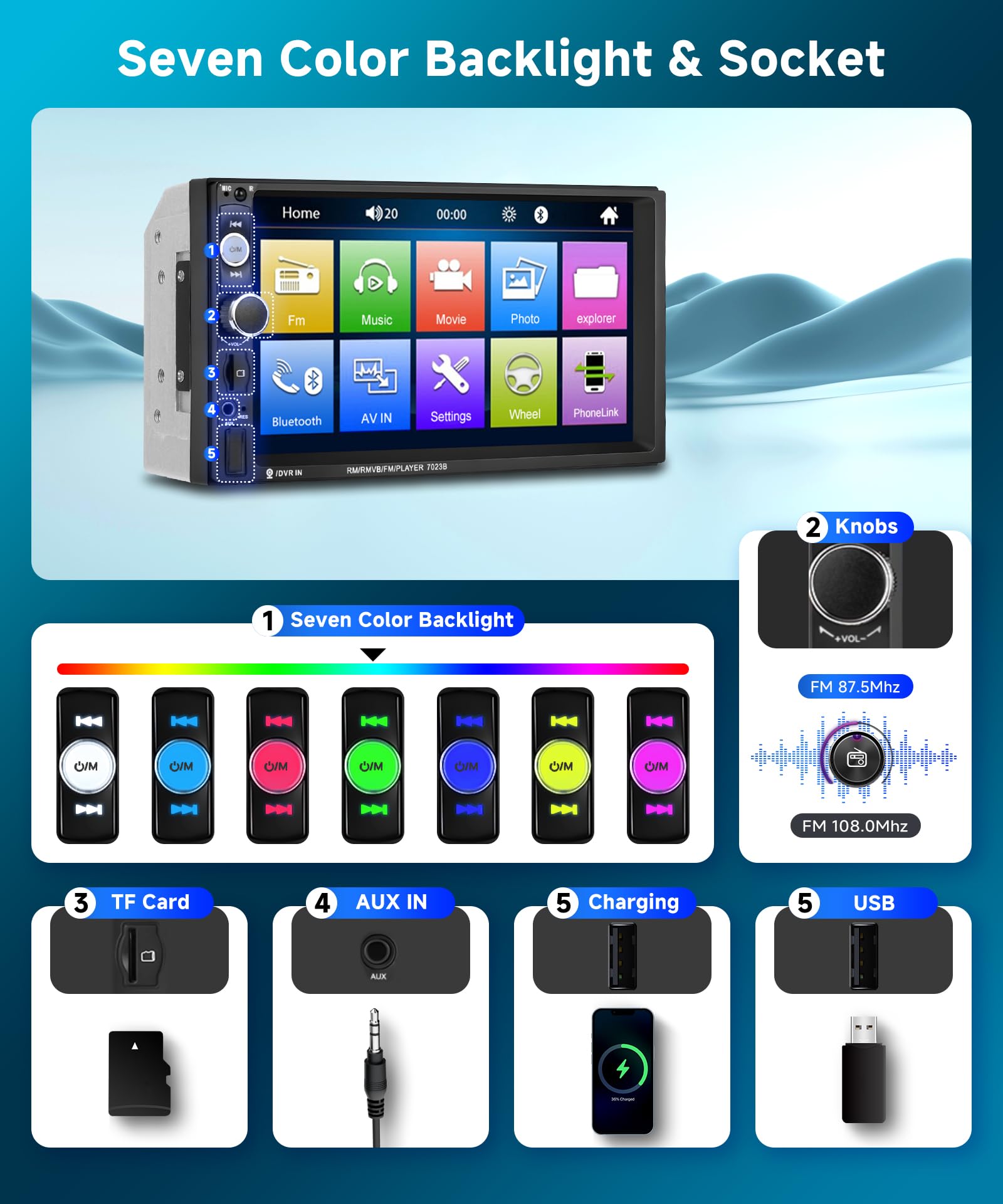 Autoradio Podofo 2 DIN 7'' Con Mirror Link, Bluetooth, FM, USB, Ingresso AUX, Telecomando E Telecamera Posteriore Inclusa