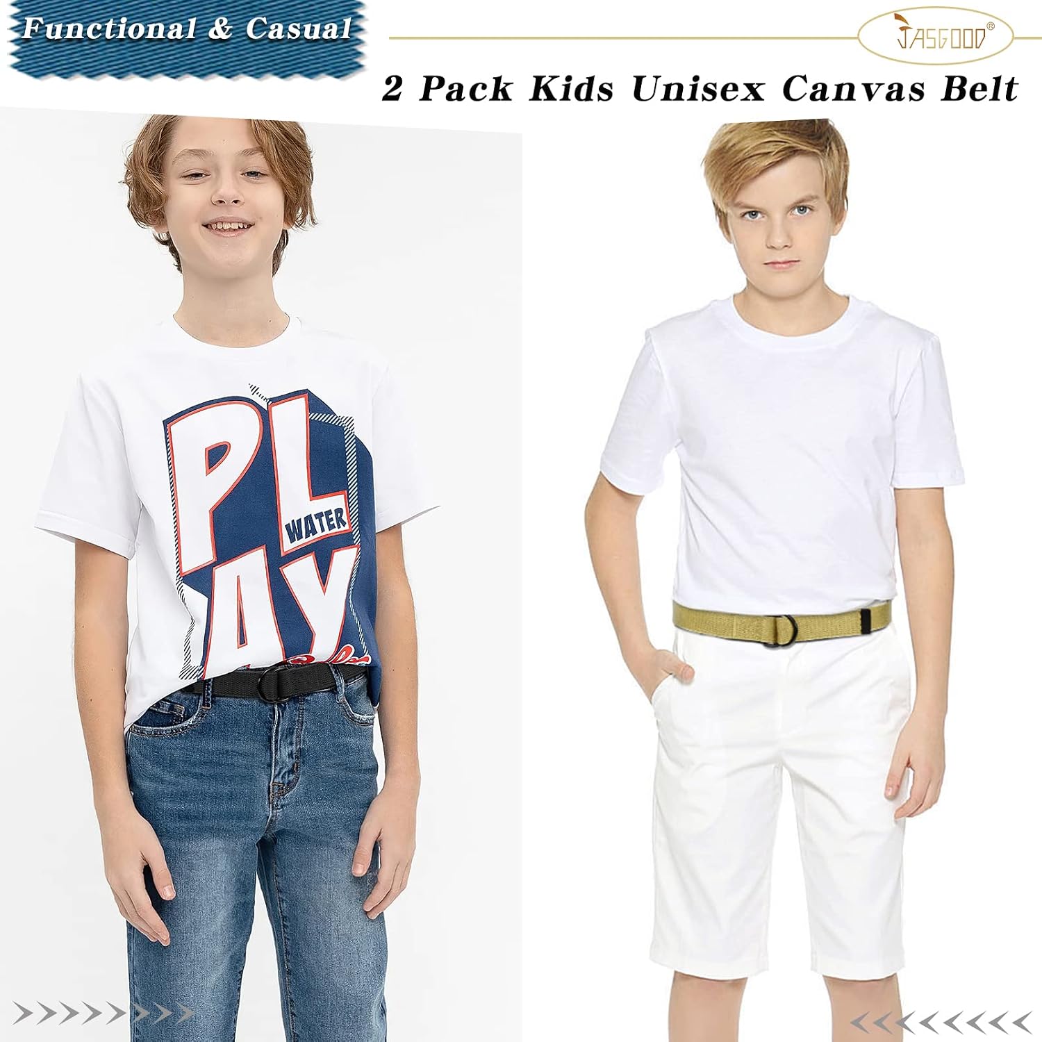 JASGOOD Kids Canvas Belts for Boys Girls Double D-ring Buckle Web Strap Belt Uniform Baseball Unisex Waist Belt for Youth