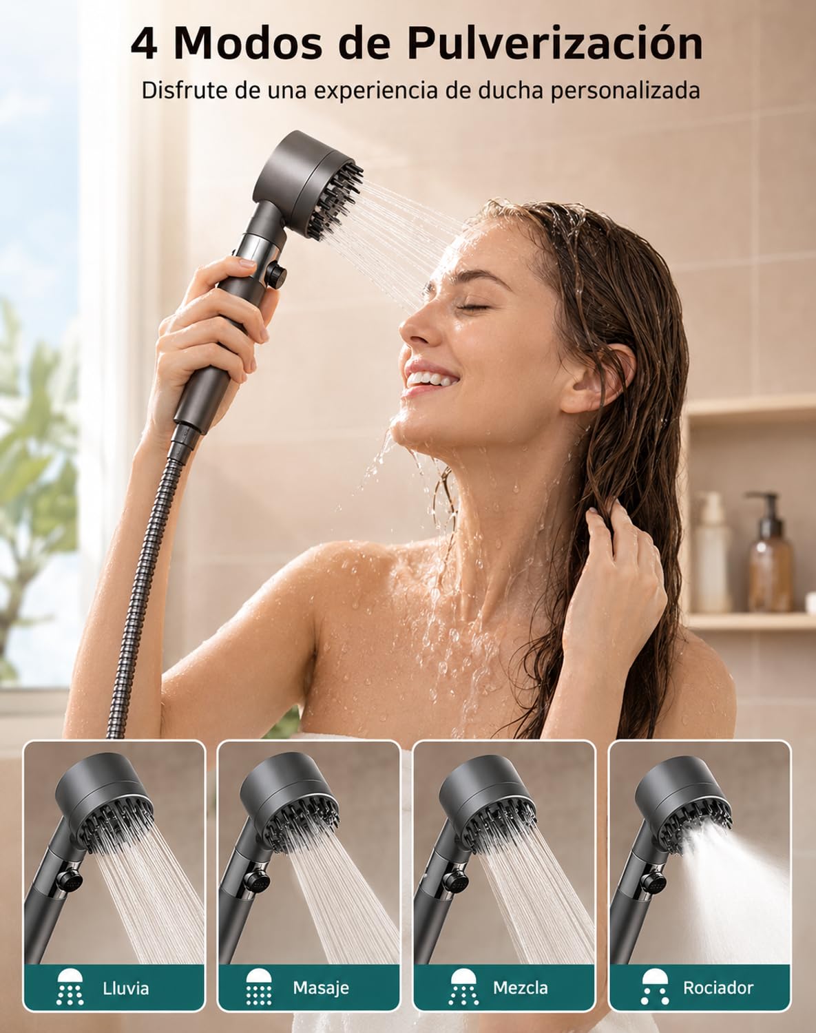 Aquapure Ducha Filtrante con Filtración de 12 Etapas, Cabezal Universal con 4 Modos Ajustables, Aumenta Presión de Agua, Ducha Filtrante para Cuidado Capilar y Cutáneo en Hogar (A, 2 metros)