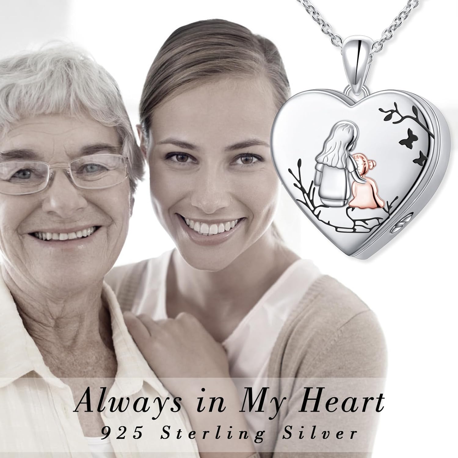 Always in My Heart Urn Necklaces for Ashes S925 Sterling Silver Love Heart Mother and Daughter Keepsake Hold Pictures Photo Memorial Locket Cremation Urn Pendant Necklace Gift for Women - Image 5