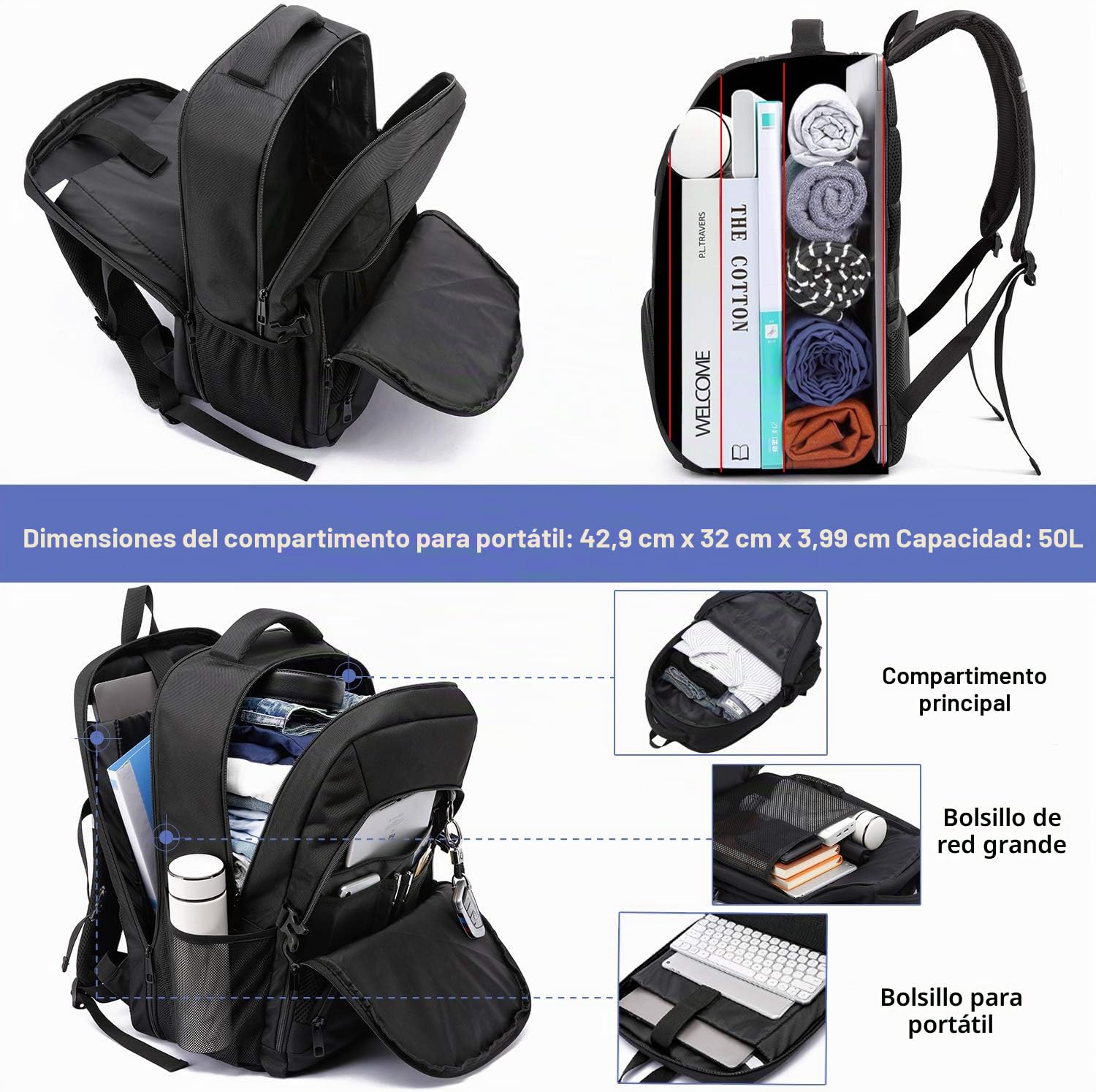 Mochila Hombre Grande 50L Mochila Portatil 17 Pulgadas Impermeable Antirrobo Mochila Ordenador Portatil con Puerto USB Mochila Portatil Bolsa para Negocio Trabajo Diario Viaje Escolares - Negro
