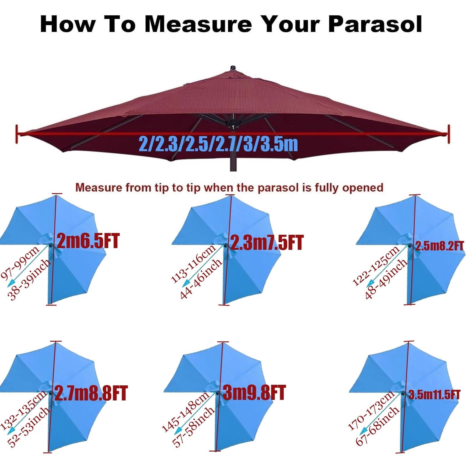 Toile de Rechange pour Parasol 200/230/250/270/300/350 cm À 6/8 Baleines Polyester Auvent de Remplacement pour Parasol de Cour Jardin Plage