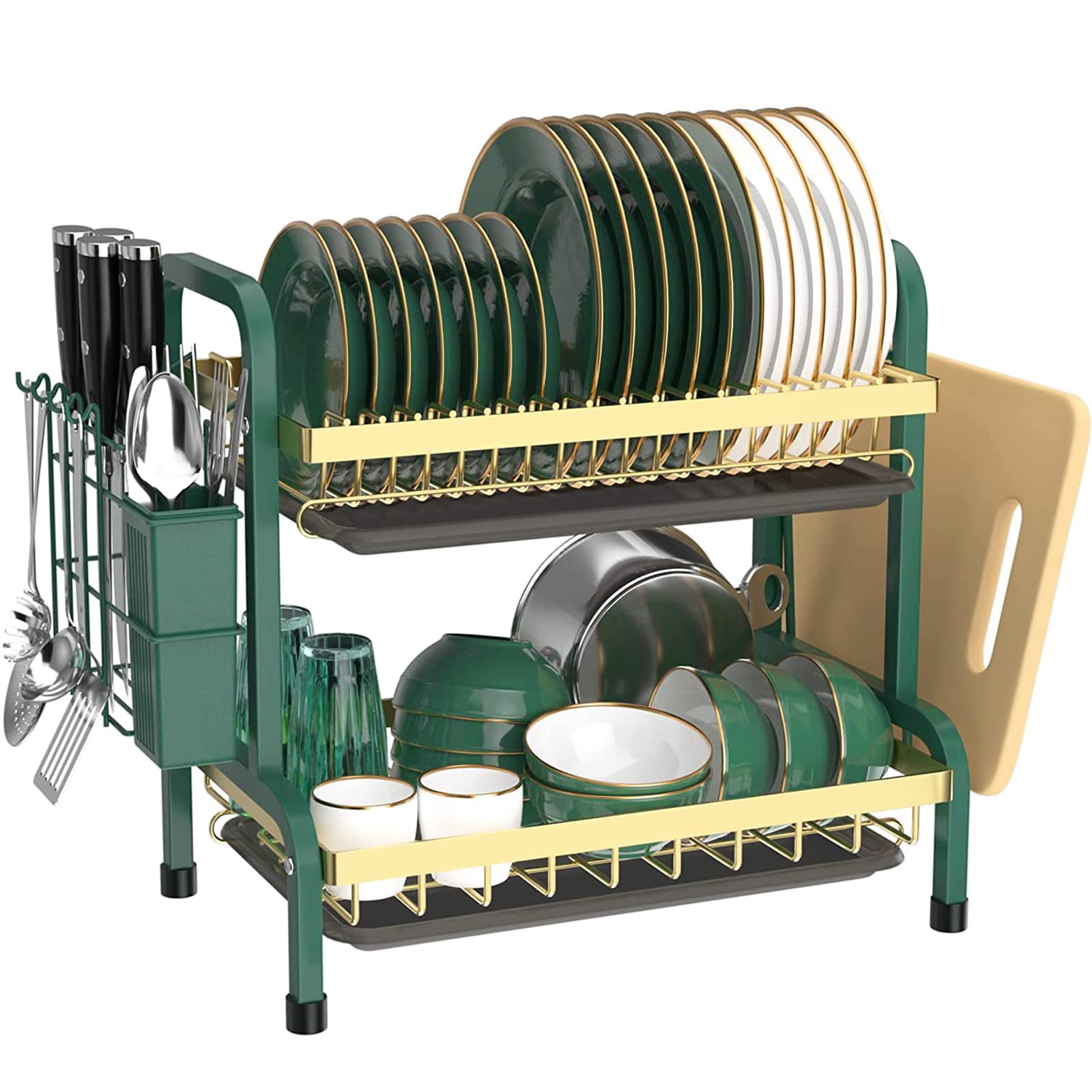 INFOSUN 2-Tier Dish Rack Drainboard Set, Large Rust-Proof Drainer With Drip Tray, Knife and Cutting Board Holder for Kitchen Strainers, Counter Dish Dryer (Green)