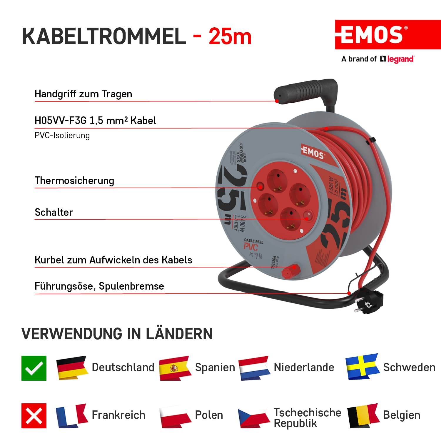 Emos - Avvolgicavo con interruttore, 25 m, con 4 prese Schuko, 1,5 mm, per interni, classe di protezione IP 20, 3680 W