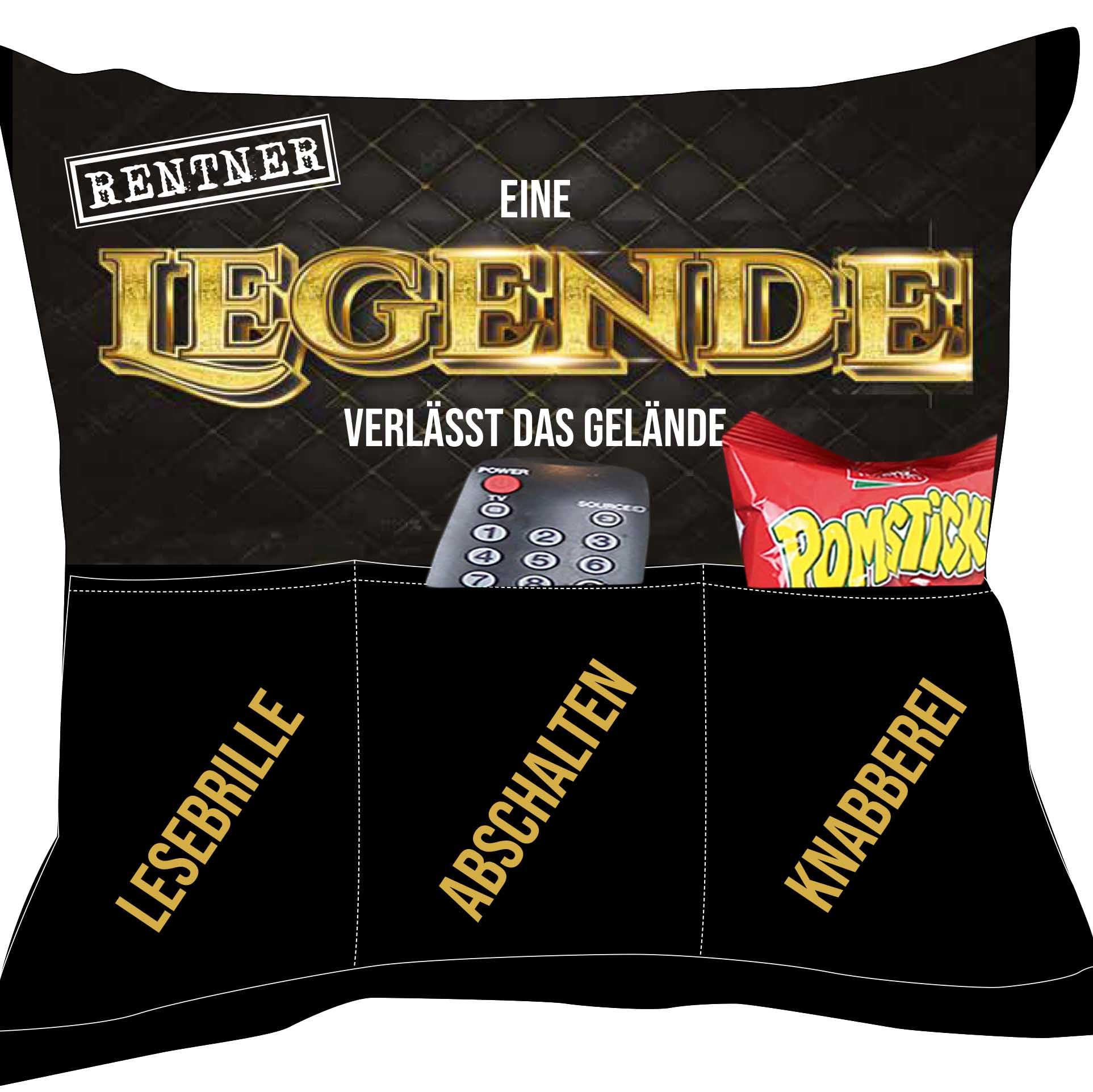 KAMACA Ruhestandskissen 43x43 cm mit 3 Taschen Dekokissen mit Füllung Geschenkidee zur Rente für Männer Frauen Kuschelkissen für Sofa Garten Abschiedsgeschenk Renteneintritt (Rentner-Kissen)