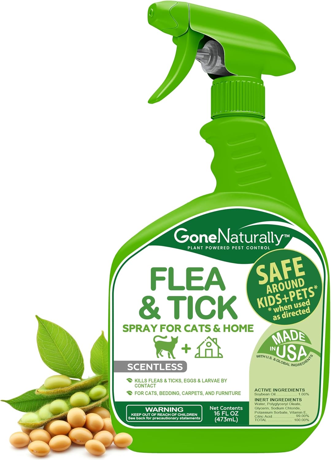 Flea and Tick Spray for Cats & Home – Scentless Soybean Oil Cat Flea Spray for Home, No Essential Oils – Kills Fleas, Ticks, Eggs & Larvae on Fur, Carpets, Bedding & Furniture (16oz)
