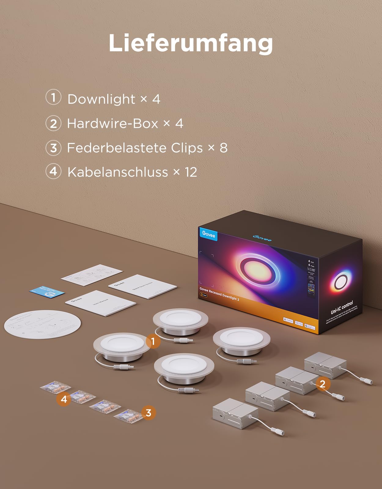 Govee Smart Einbaustrahler LED RGBWW 230V 900LM 11.5W Kompatibel mit Matter Alexa Dimmbar 2700K-6500K 99mm 4 Stück