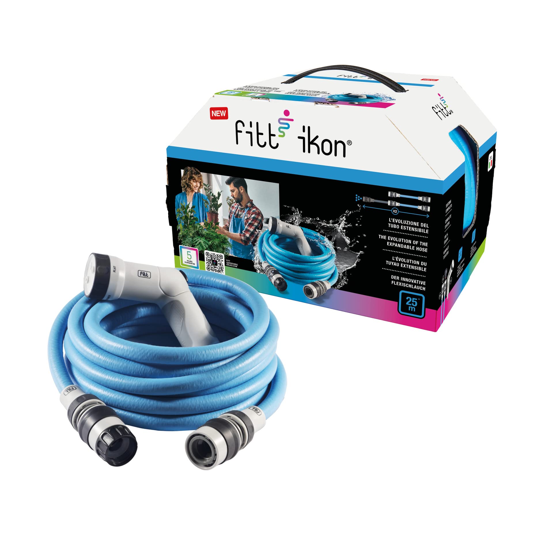 FITT IKON 25 m - Manguera de Agua de Jardín, Extensible, Compacta, Ligera y Lista para usar, con Pistola Multichorro, Azul