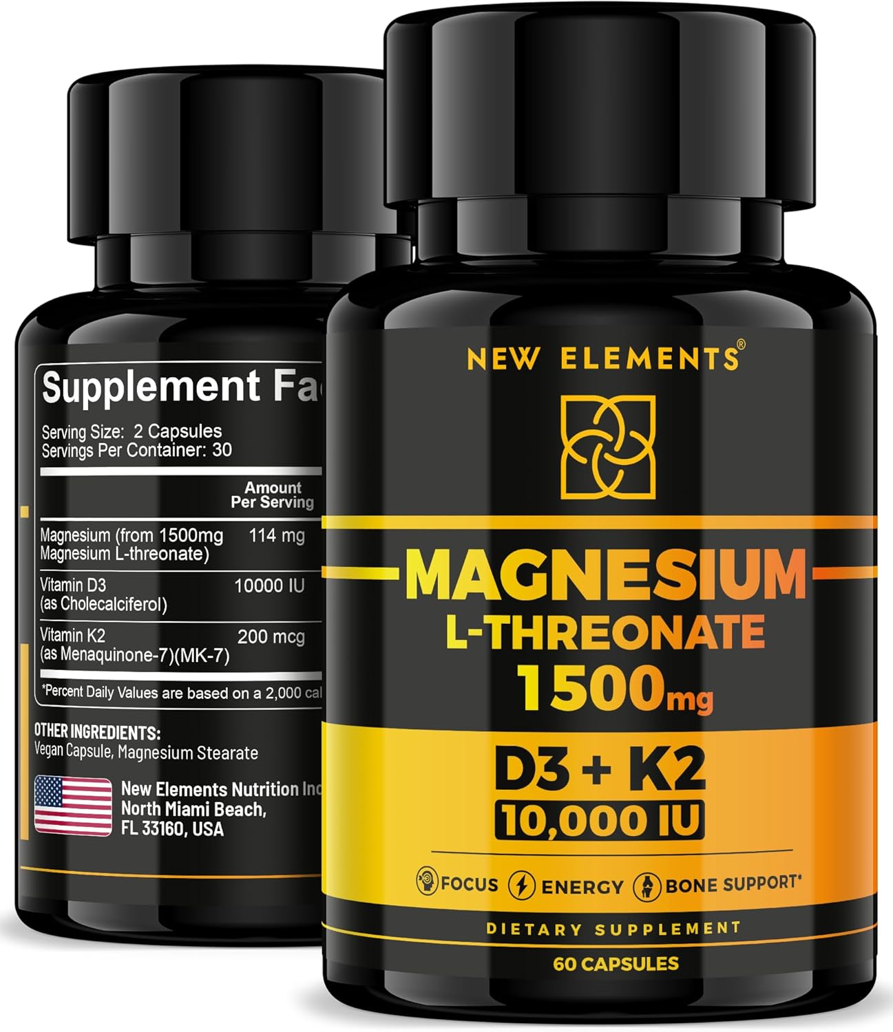 Magnesium L-Threonate 1500mg with Vitamin D3 10,000 IU & K2 MK-7 – Brain, Focus & Bone Support – 60 Vegan Capsules – High Absorption, Non-GMO