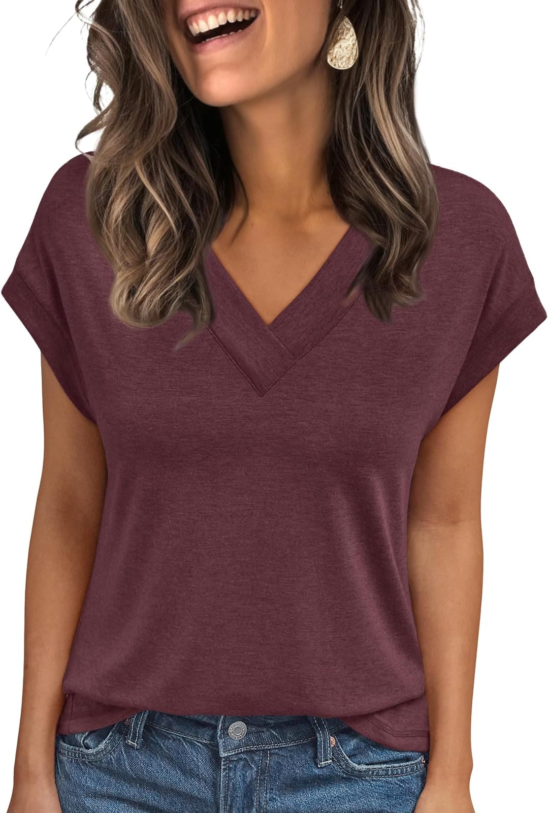 AUTOMET Womens Cap Short Sleeve T Shirts Summer Tops 2025 V Neck Dressy Casual Fashion Clothes Vacation Outfits M Burgundy