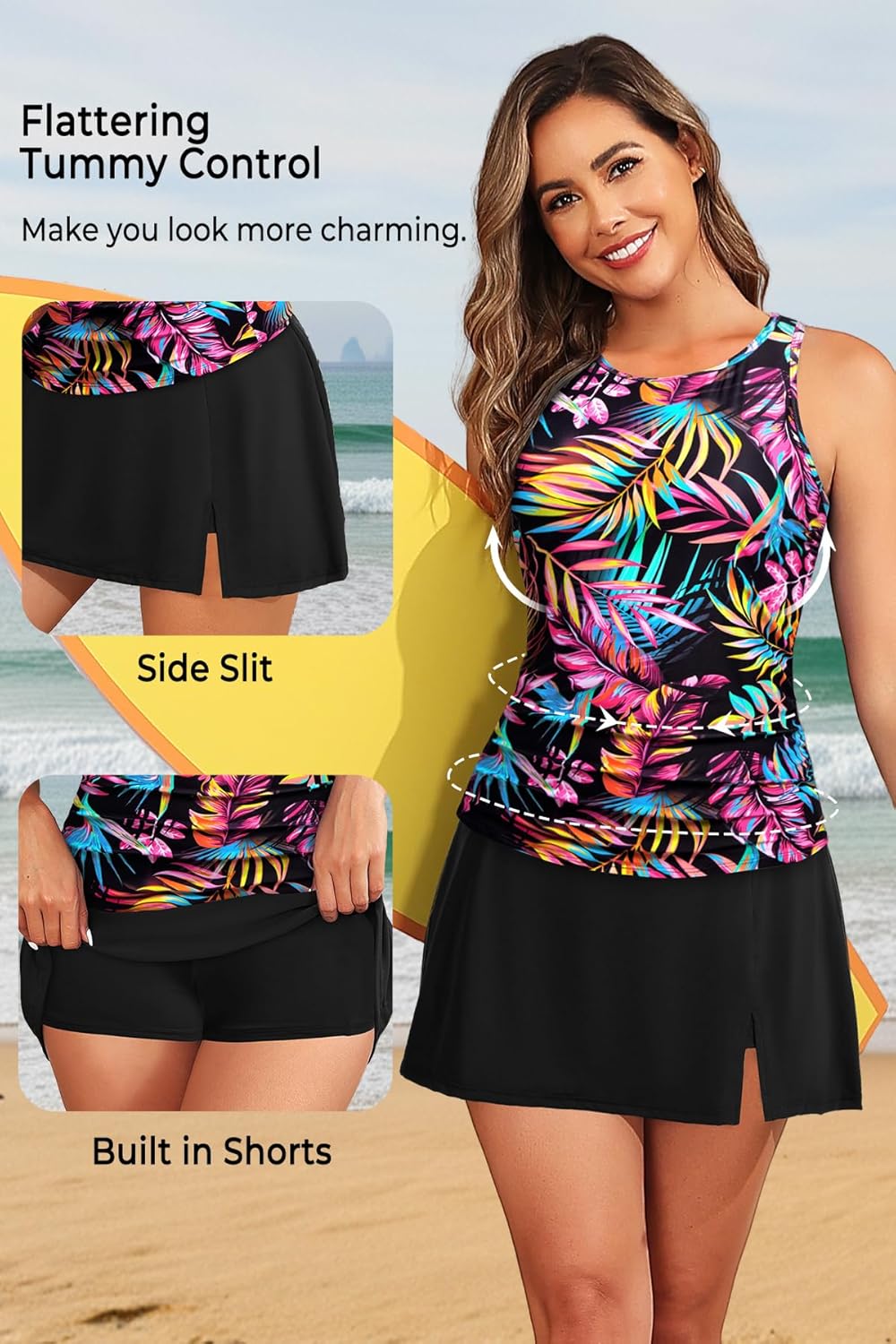 Women Two Piece Tankini with Skirt - Tummy Control High Neck Swimsuit with Built in Pockets 2025 Ladies Bathing Suit - Image 5