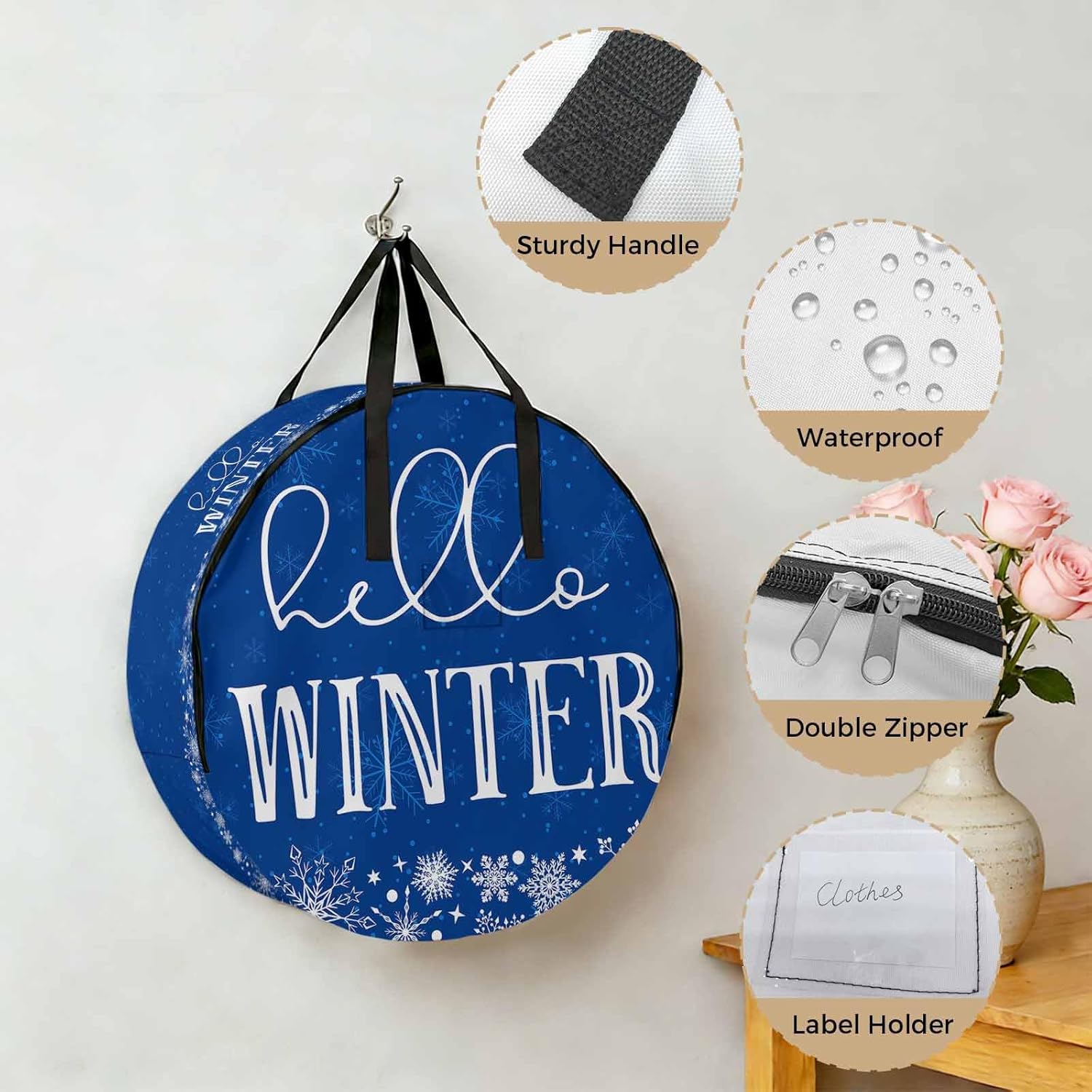 Hello Winter Round Storage Bag 36 Inch, Christmas Snowflake Blue Clothes Storage Container with Handles Heavy Duty Organizer for Comforter, Bedding & Holiday Wreaths