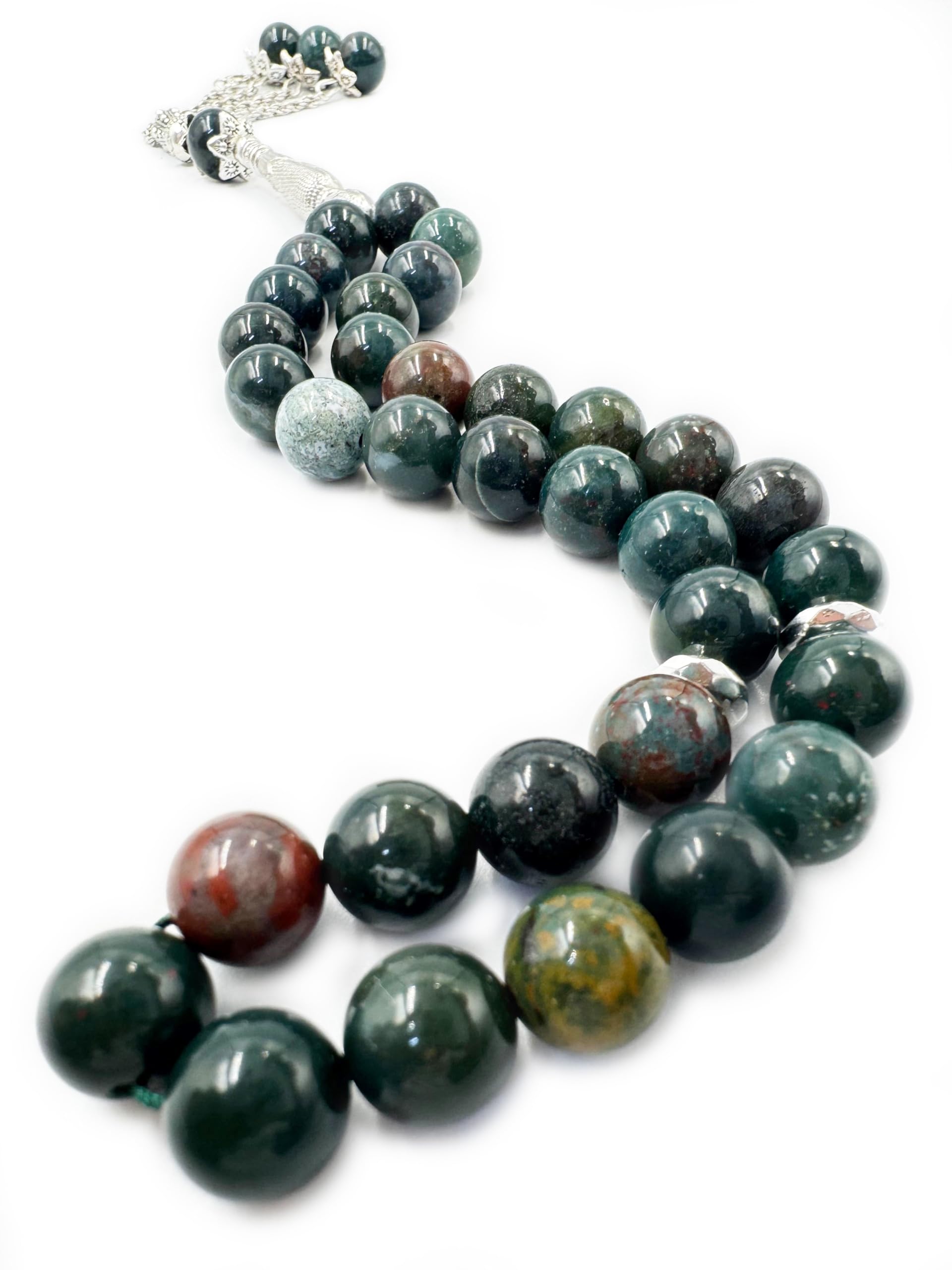 REBUY Bloodstone Agate Tasbih for Men & Women | 33 Beads Natural Crystal Healing Gemstone Islamic Misbaha Rosary Muslim Tasbeeh for Peace, Positivity & Prayer | 10mm Green Stone
