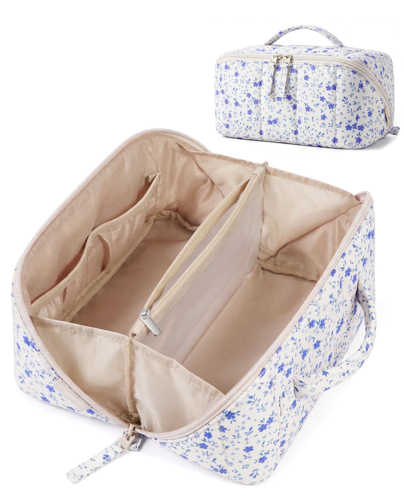 BAGSMART Travel Makeup Bag for Women Portable Water-resistant Cosmetic Case Puffy Padded Make Up Organizer Pouch Open Flat